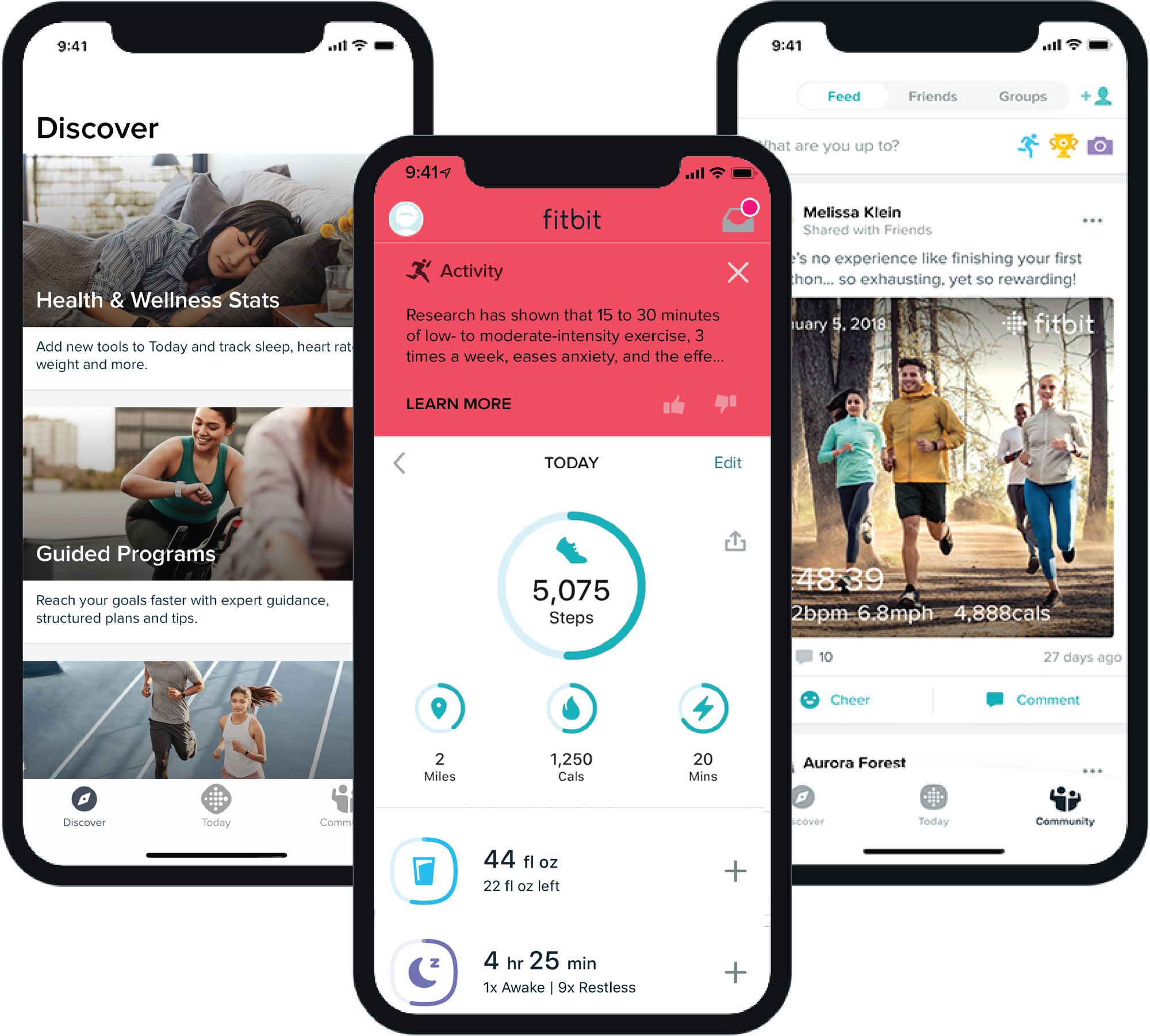 Fliken Discover, fliken Today och fliken Grupp i Fitbit-appen